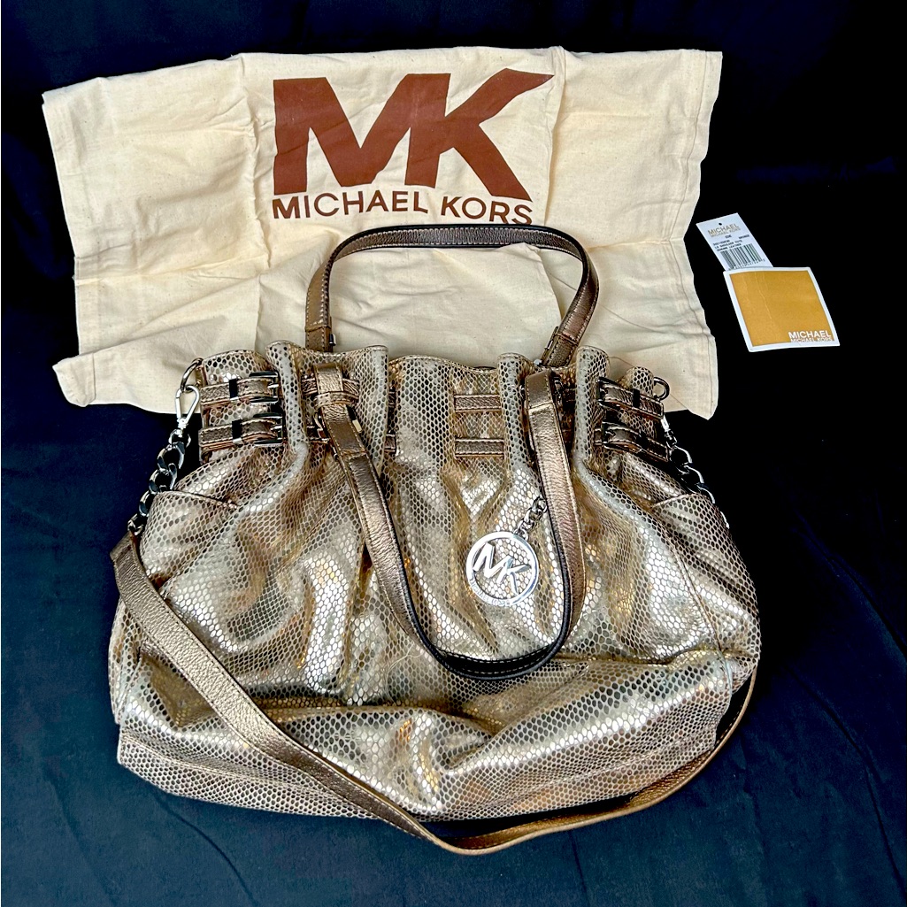 Michael Kors ‘Edie’ Bronze Lg Shoulder Tote Bag Snake Skin Genuine Leather
